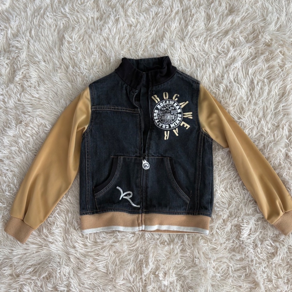 Rocawear Kids Denim Jacket‎ Gold Sleeves Size 4T Logo Full Zip